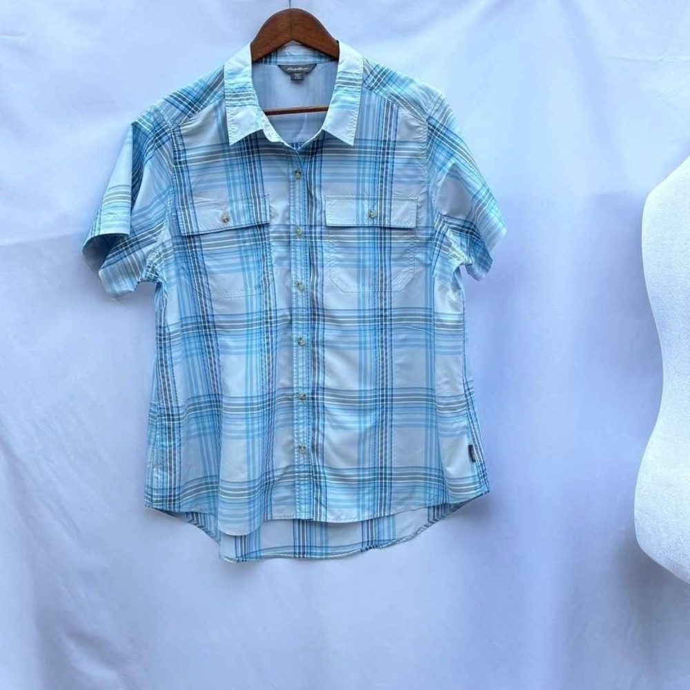 Eddie Bauer Mens XL Blue Plaid Fishing Shirt Hiking Vented Mesh Gorpcore Outdoor